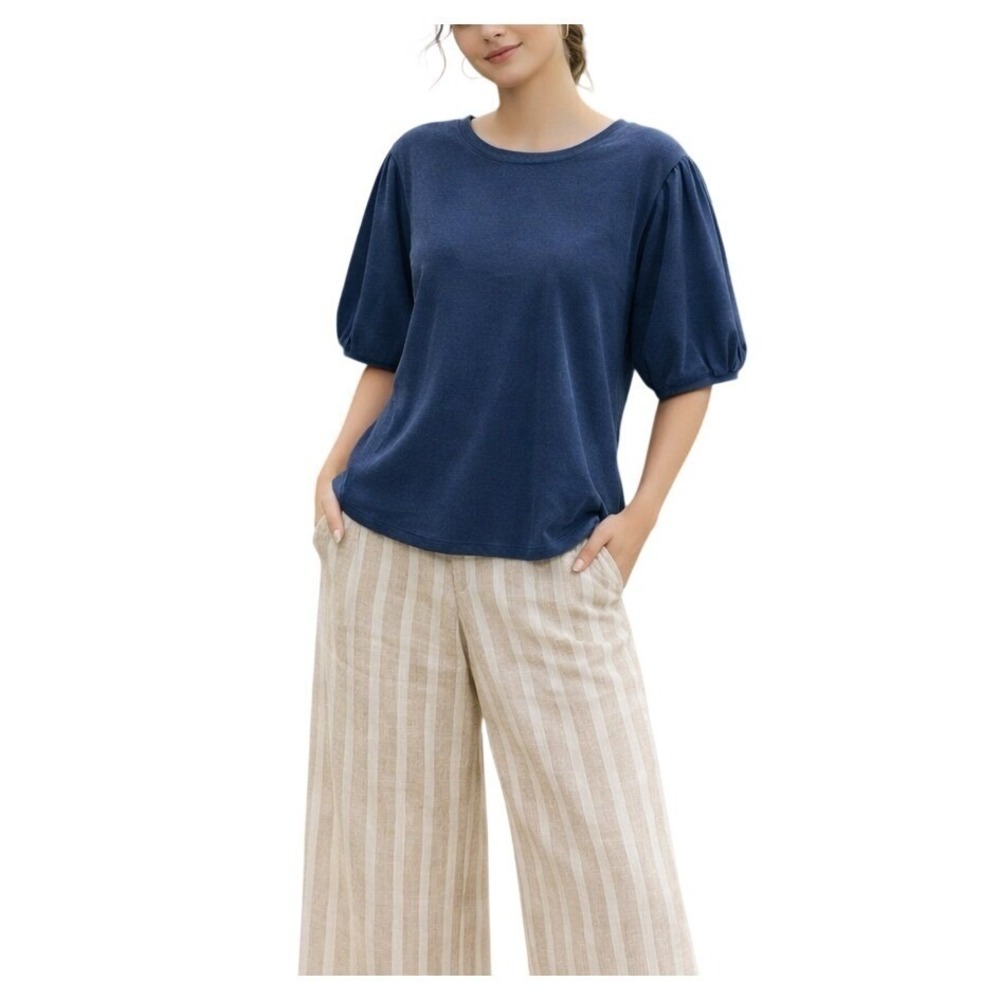 Chico's Zenergy Puff Sleeve Top Women XXL Blue Indigo Vintage Wash Knit NWT